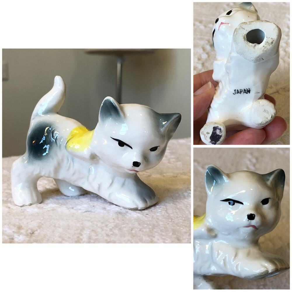 VTG‎ Japan Porcelain Cat Figurine Kitsch Mid Century MCM Kitty Cottage 3.5"x2.5"